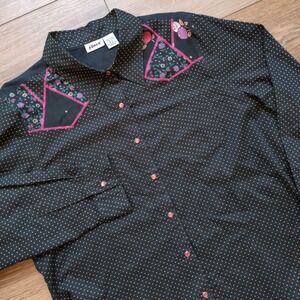 Punch Western Snap Front Long Sleeve Shirt Black Polka Dot Pink Floral Cotton XL